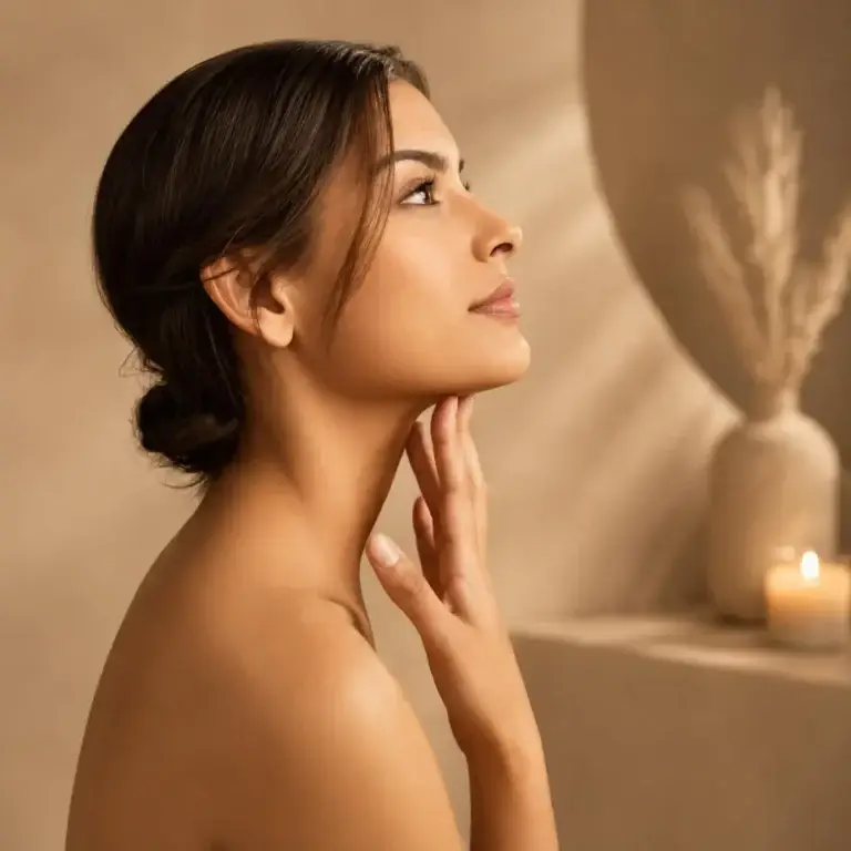 Side profile of a woman touching her jawline and neck