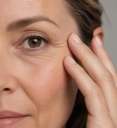 Mature woman showing fine lines and mild skin laxity around the eyes