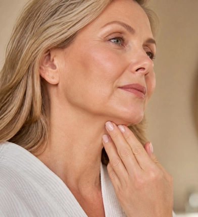 Mature woman showing jawline and under chin fullness concerns in a profile view