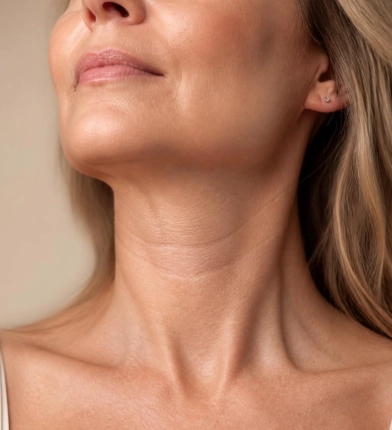Mature woman showing loose neck skin and natural signs of neck skin laxity