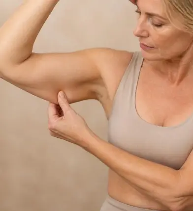 Mature woman showing loose skin and body skin laxity on the upper arm area