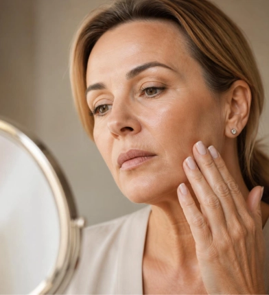 Mature woman touching her cheek to show sagging cheeks and lower face skin laxity